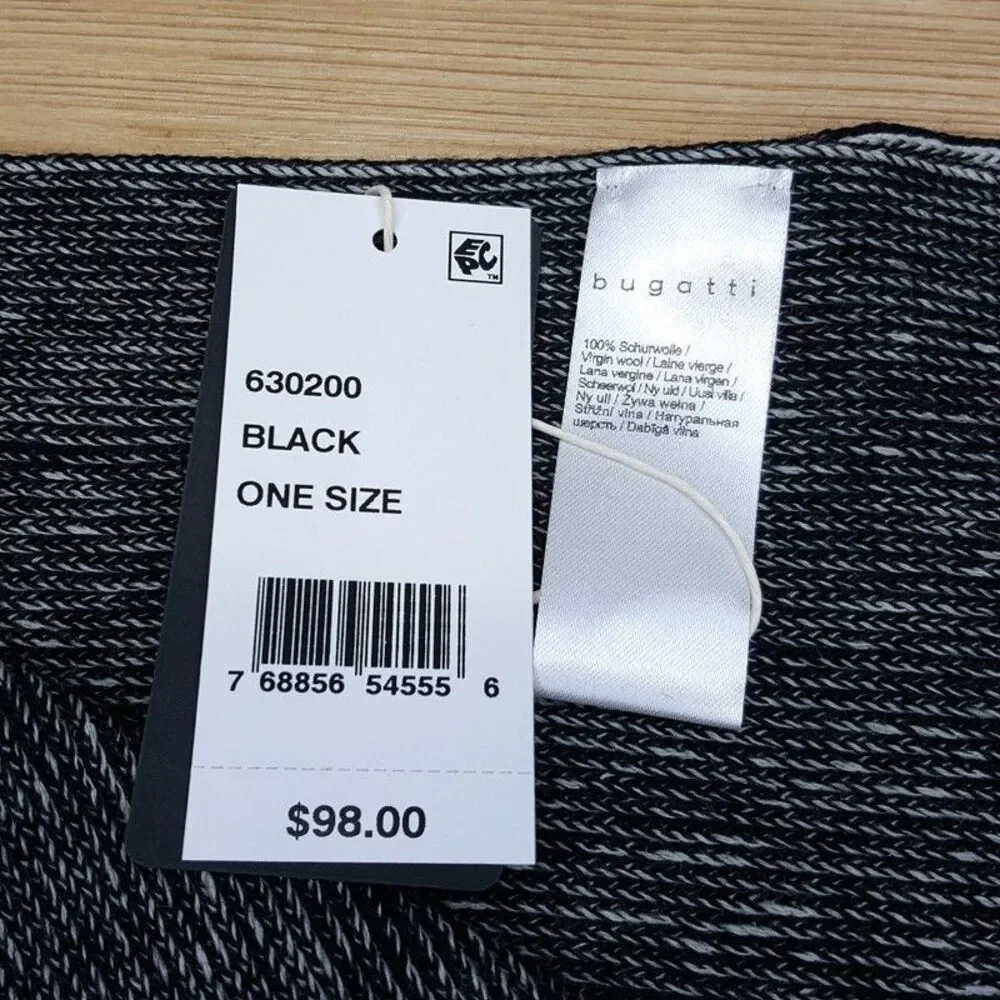 BUGATTI Scarf Mens Black Gray 100% Virgin Wool Knit Fringe 66x10 $98